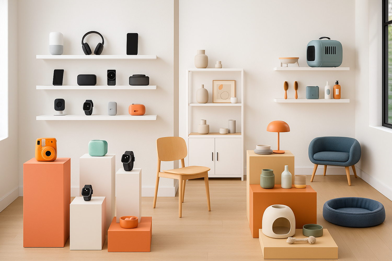 A modern lifestyle essentials shop that sells trendy, viral products across electronics, home, and pet niches. Clean, minimal, but eye-catching