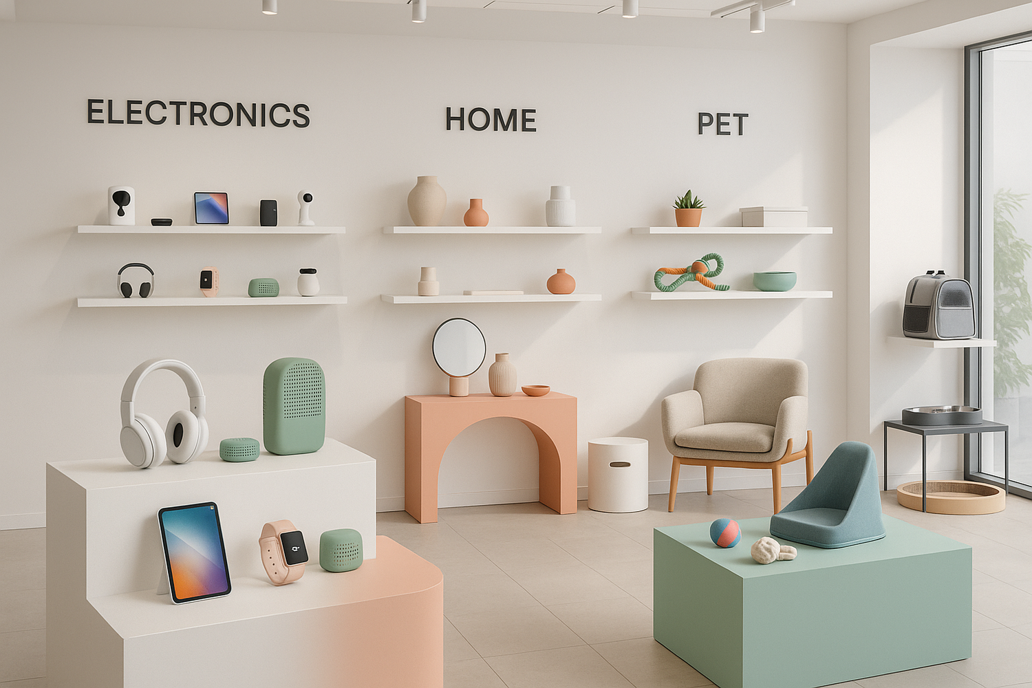 A modern lifestyle essentials shop that sells trendy, viral products across electronics, home, and pet niches. Clean, minimal, but eye-catching