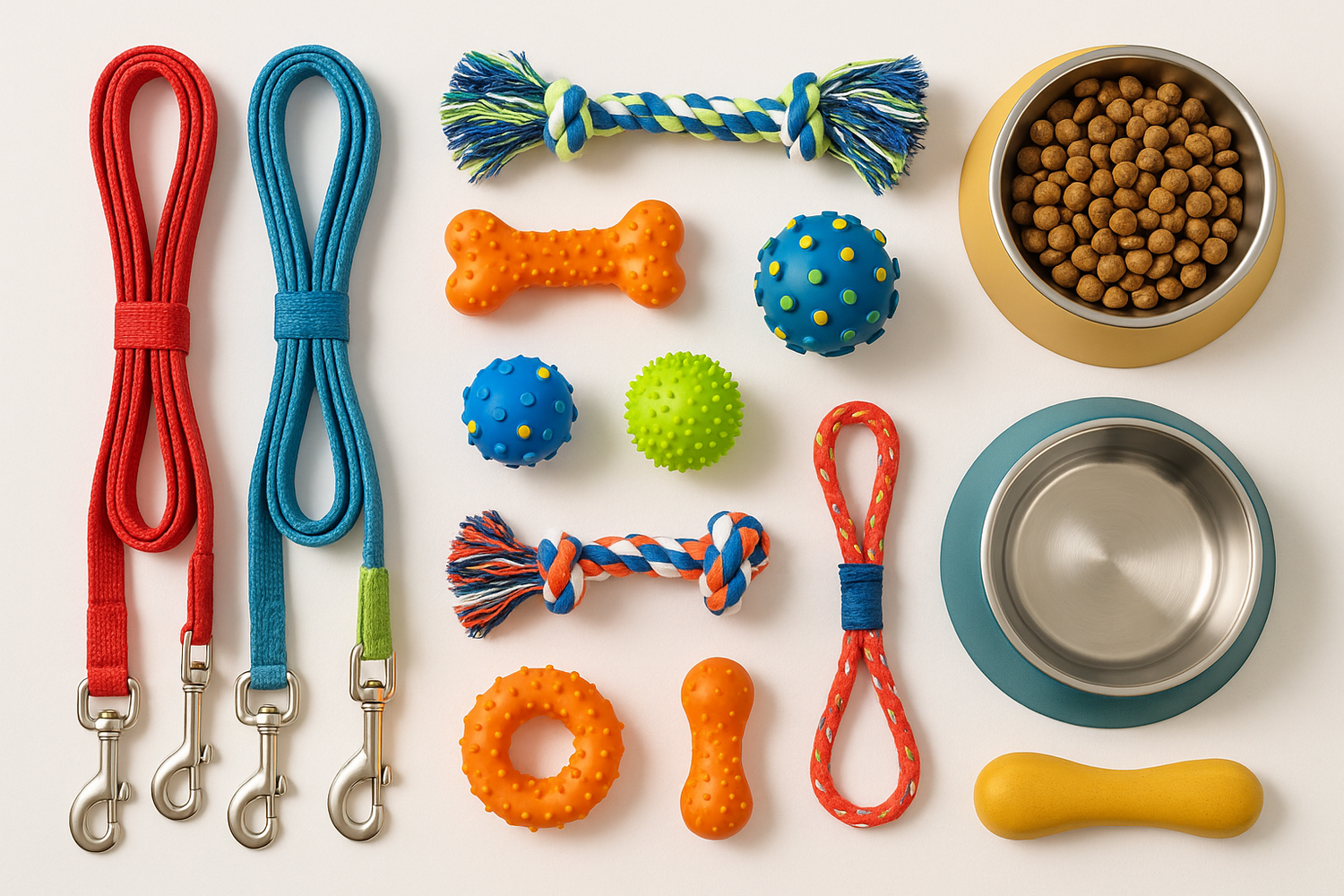 Generate a image featuring pet products like leashes, toys, and bowls. Bright, friendly, and inviting in a multi niche store with electronics and home supplies with a white background