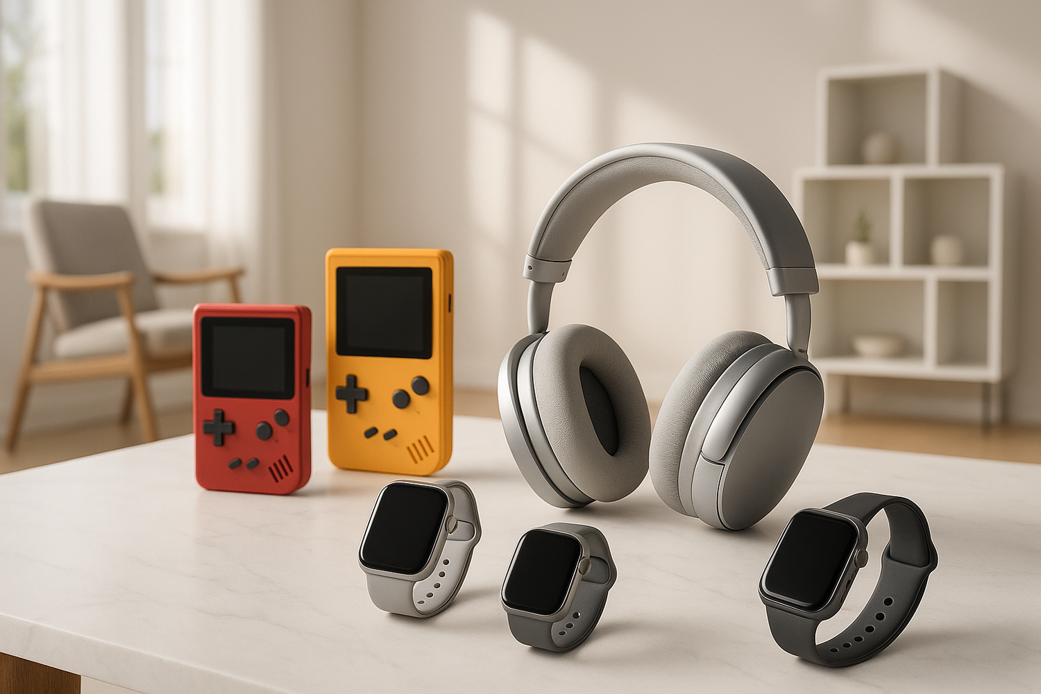 Generate a clean and modern hero banner with lifestyle images featuring trendy electronic gadgets (like headphones, smartwatches, or retro gaming consoles) in a multi niche environment that is eye catching