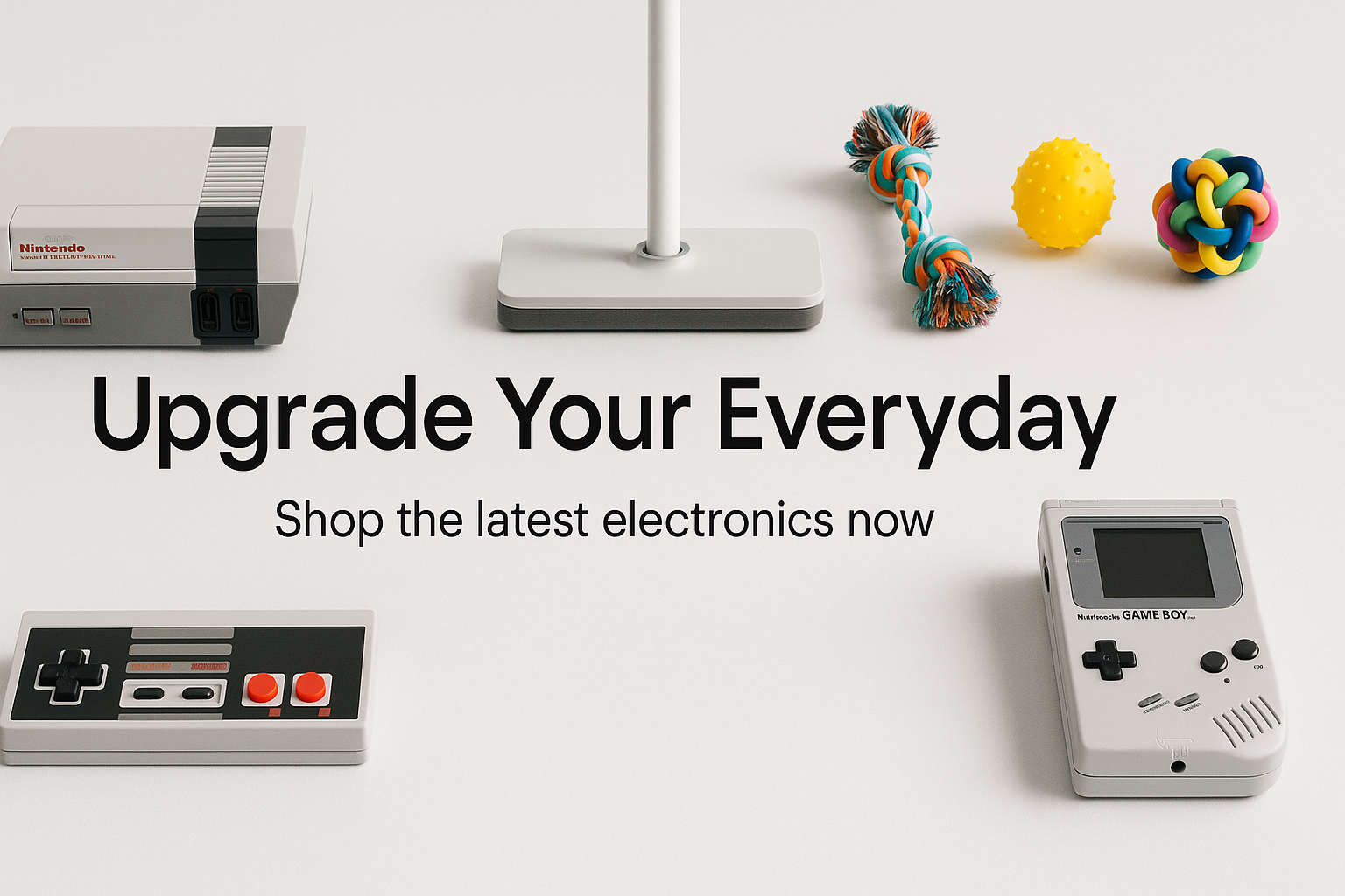 Generate a wide lifestyle banner featuring modern electronics (retro gaming consoles, mini mop, pet toys ) in a sleek minimalistic style. Add overlay text in bold modern font that says: ‘Upgrade Your Everyday’. Subtext in smaller clean font: ‘Shop the latest electronics now’. make all the text aligned in the middle of the image and lastly make this image small enough fit in seamless with the mobile setting